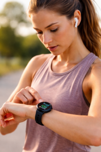 Vrouw met Garmin smartwatch in de natuur
